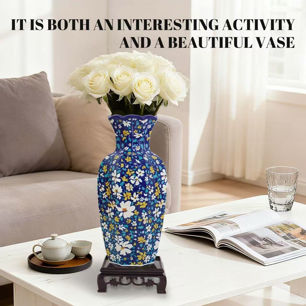 Blue White Floral Pattern Curved-neck Long Vase Jigsaw Puzzle (164 Pieces)