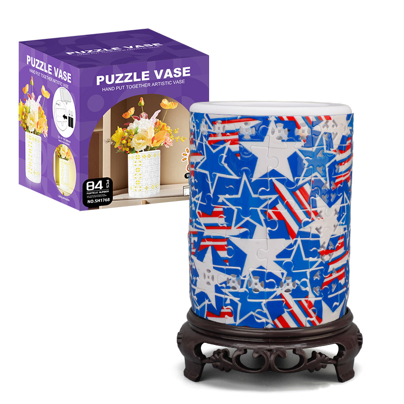 3D Blue Pentagram Stripes Style LED Lights Skeleton Puzzle Cylinder Vase - (84 Pieces)💡