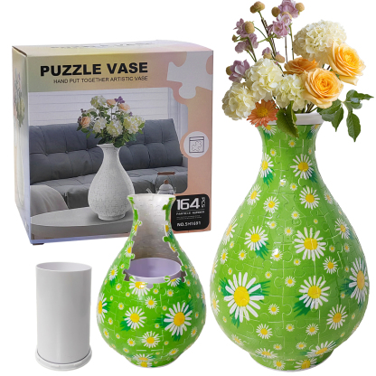 3D Green Chrysanthemum Series Puzzle Round Belly Vase - (162 Pieces) 