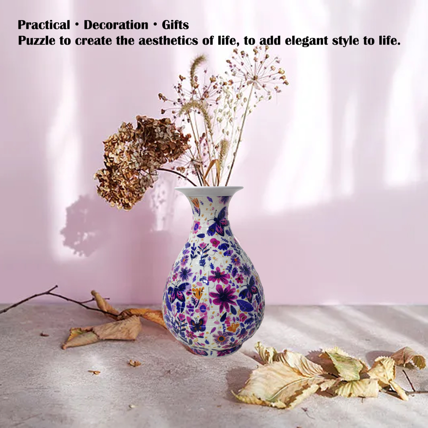 3D Purple Sunflower Flower Leaves And Butterflies Series Puzzle Round Belly Vase - (162 Pieces)