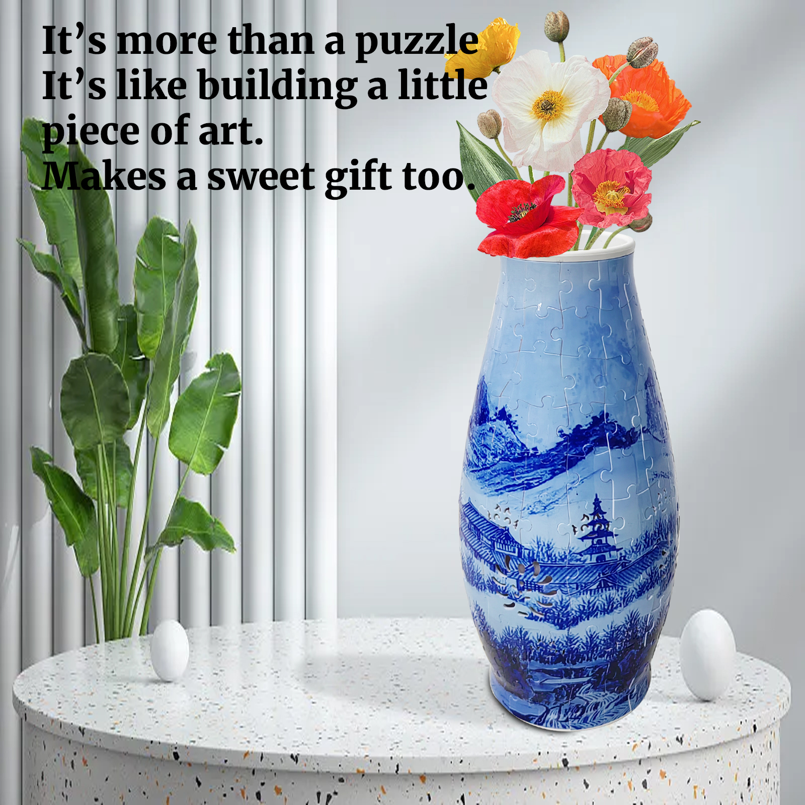 3D Blue Line Landscape Lighted Jigsaw Vase - (152 pieces)💡