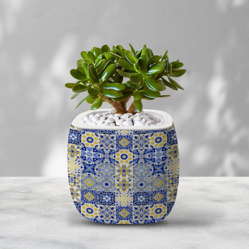 3D Yellow And Blue Retro Tiles Flower Pot Puzzle - ( 96 Piece )