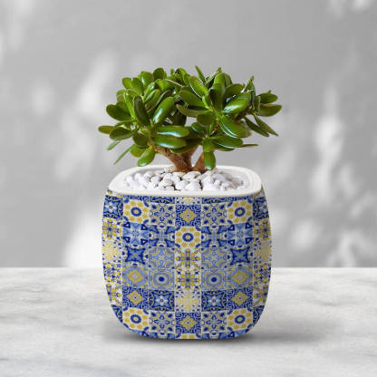 3D Yellow And Blue Retro Tiles Flower Pot Puzzle - ( 96 Piece )