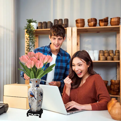 Blue Robin Flower Branch -Shaped Neck Long Vase Jigsaw Puzzle (164 Pieces)