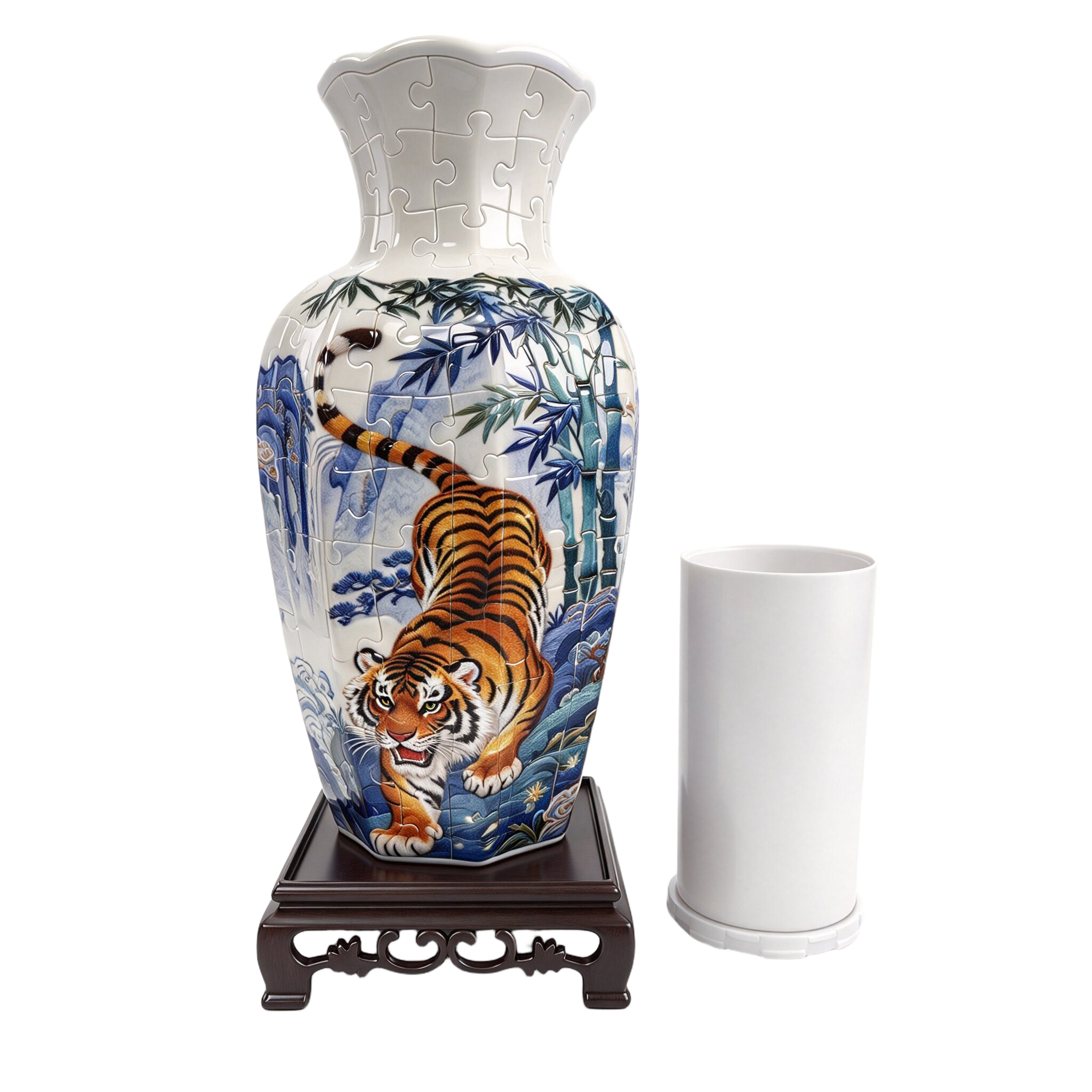 3D Ink-Wash Fierce Tiger Series Wavy-Shaped Neck Long Vase Jigsaw Puzzle (164 Pieces)