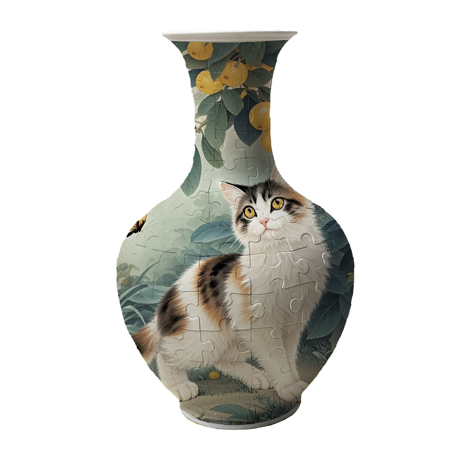 3D Cat Under the Fruit Tree Series Long Neck Round Puzzle Vase-(160 Pieces)