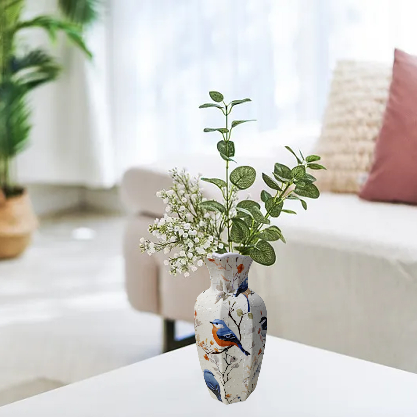 Blue Robin Flower Branch -Shaped Neck Long Vase Jigsaw Puzzle (164 Pieces)