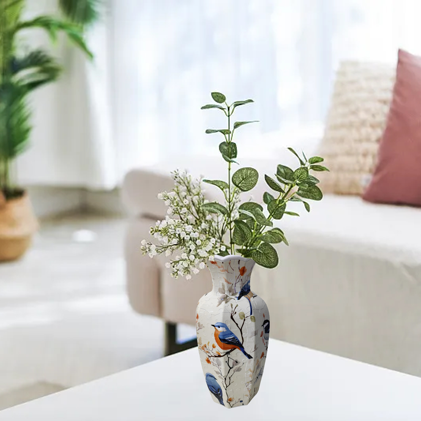 Blue Robin Flower Branch -Shaped Neck Long Vase Jigsaw Puzzle (164 Pieces)