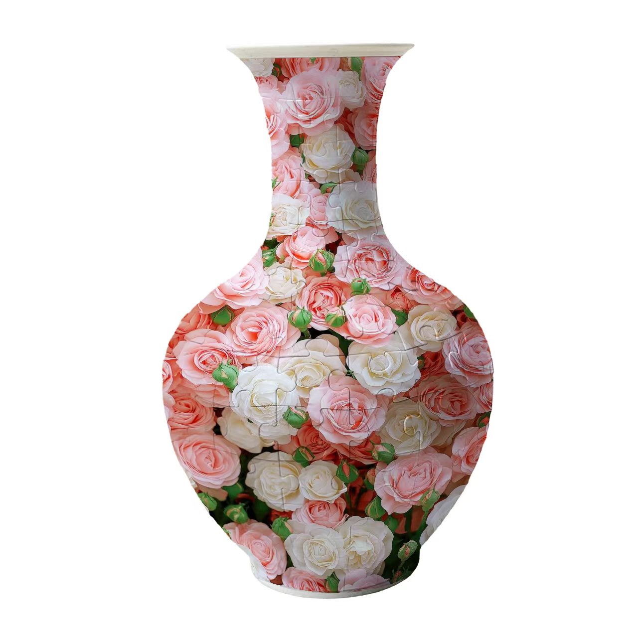 3D Pink and White Rose Series Long Neck Round Puzzle Vase - (160 Pieces)