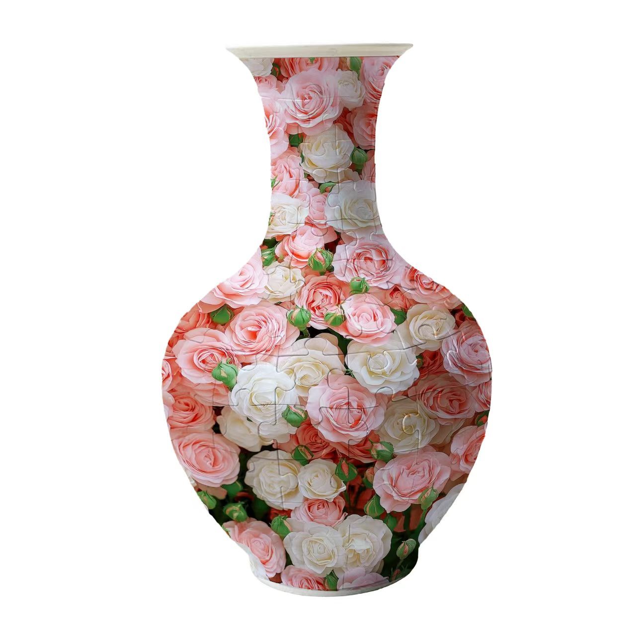 3D Pink and White Rose Series Long Neck Round Puzzle Vase - (160 Pieces)