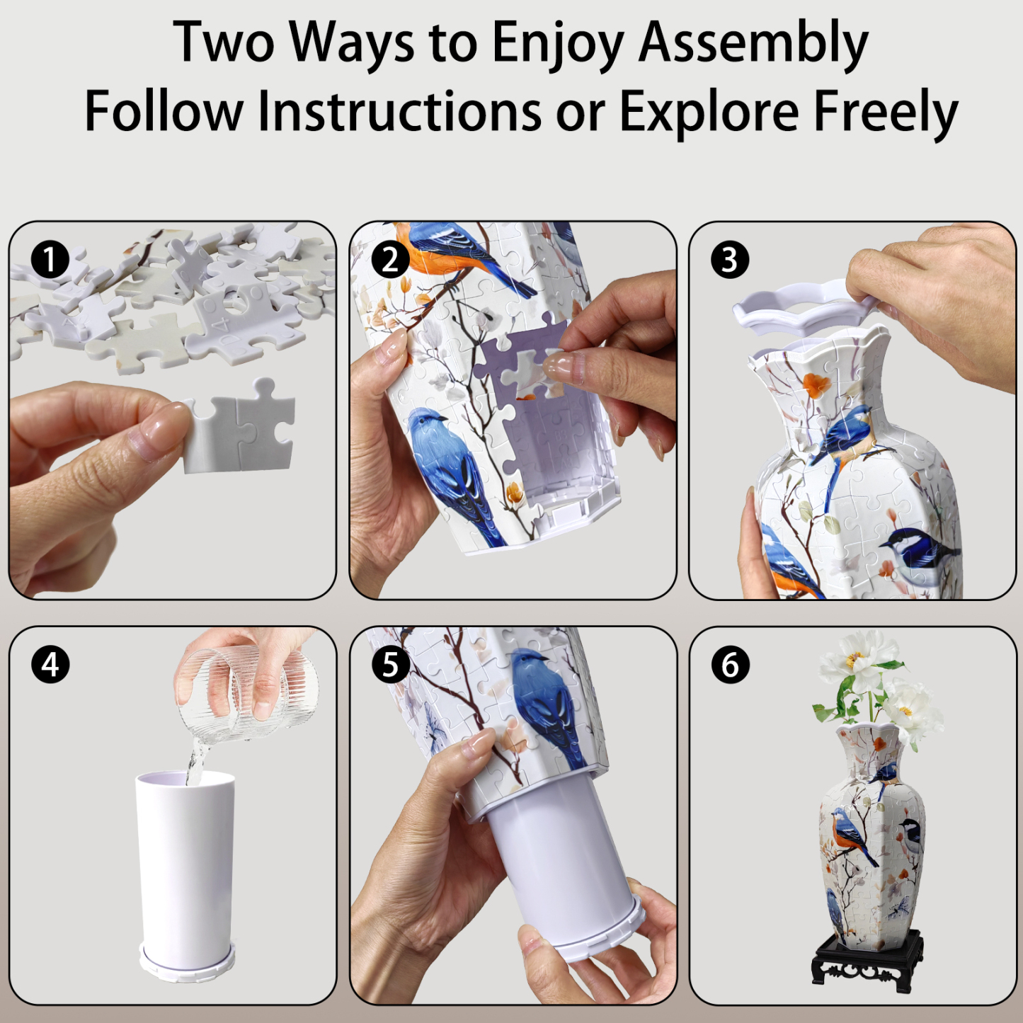 Blue Robin Flower Branch -Shaped Neck Long Vase Jigsaw Puzzle (164 Pieces)