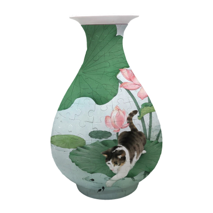 3D Cat Playing In Lotus Pond Series Puzzle Round Belly Vase - (162 Pieces)