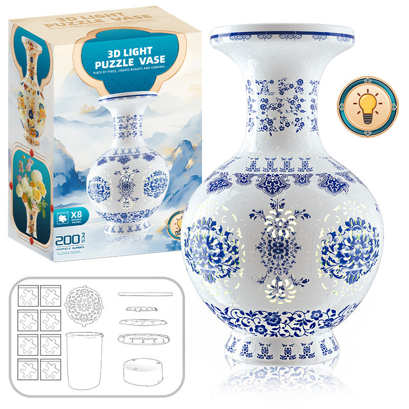 3D White Jade Flower Totem Pattern Style Puzzle Medium Vase - (200Pieces)💡