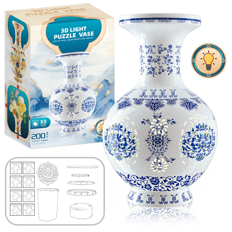 3D White Jade Flower Totem Pattern Style Puzzle Medium Vase - (200Pieces)💡