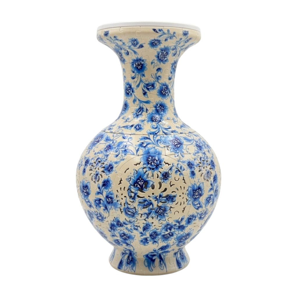 3D White and Blue Floral Style LED Light Puzzle Large Vase - (200Pieces)💡