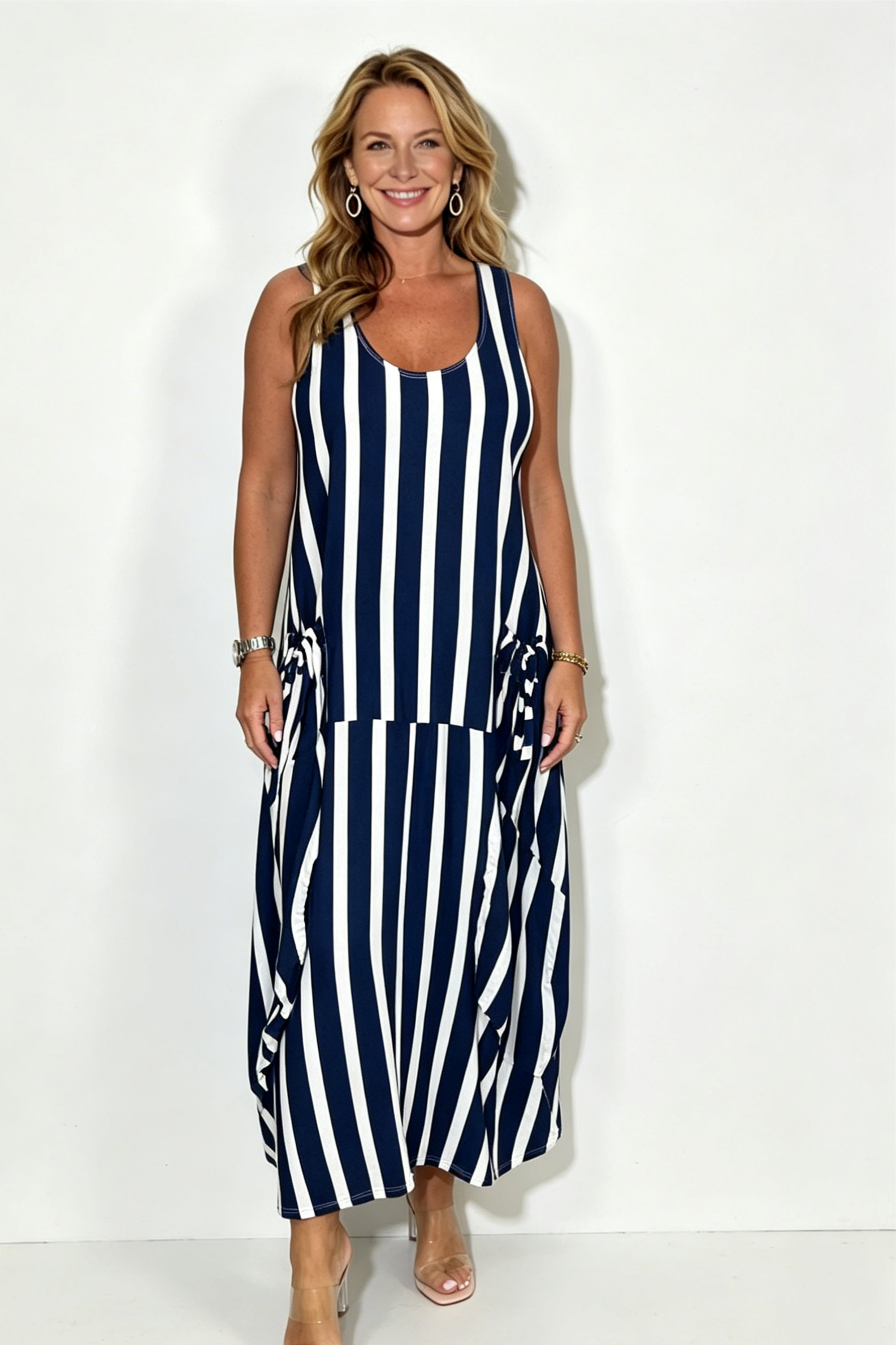 Stripe Oversize Tie Pocket Dress