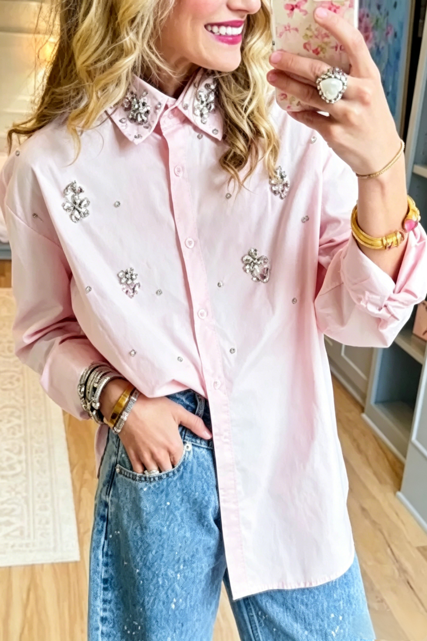 Pink Rhinestone Detail Button Up Top
