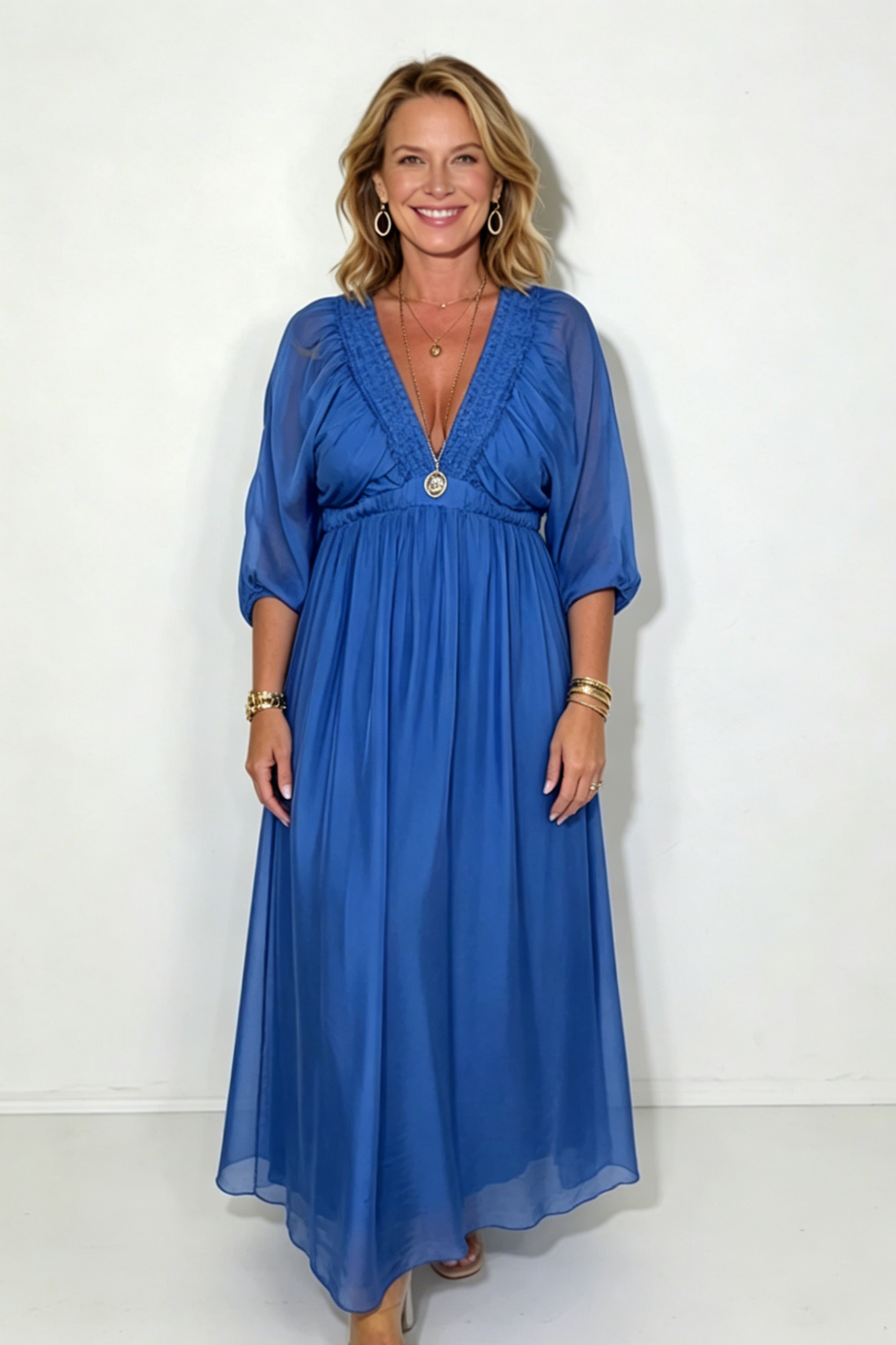 Smocked V-Neck Detail Long Sleeve Maxi Dress