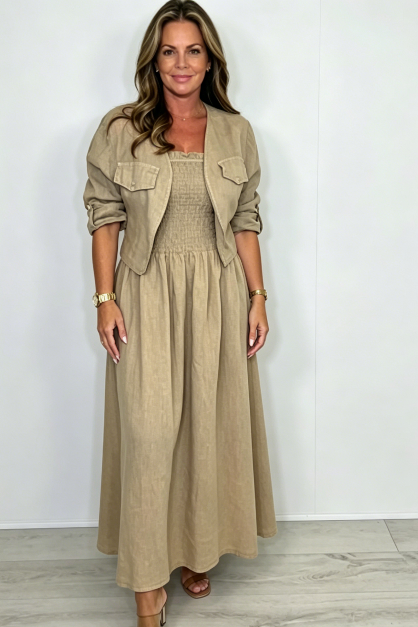 Linen Smocked Dress With Over Jacket