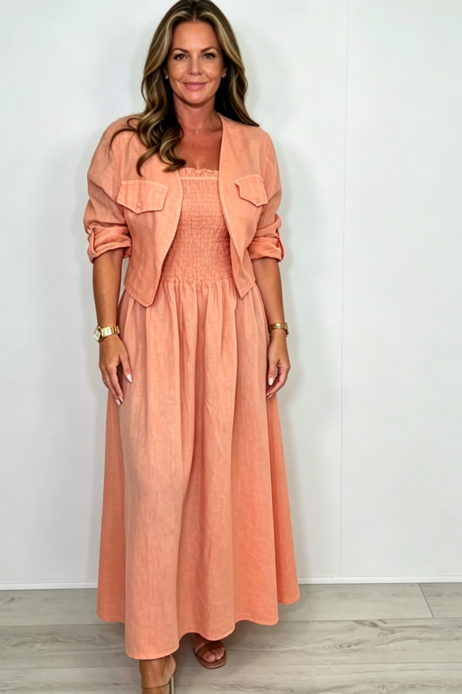 Linen Smocked Dress With Over Jacket