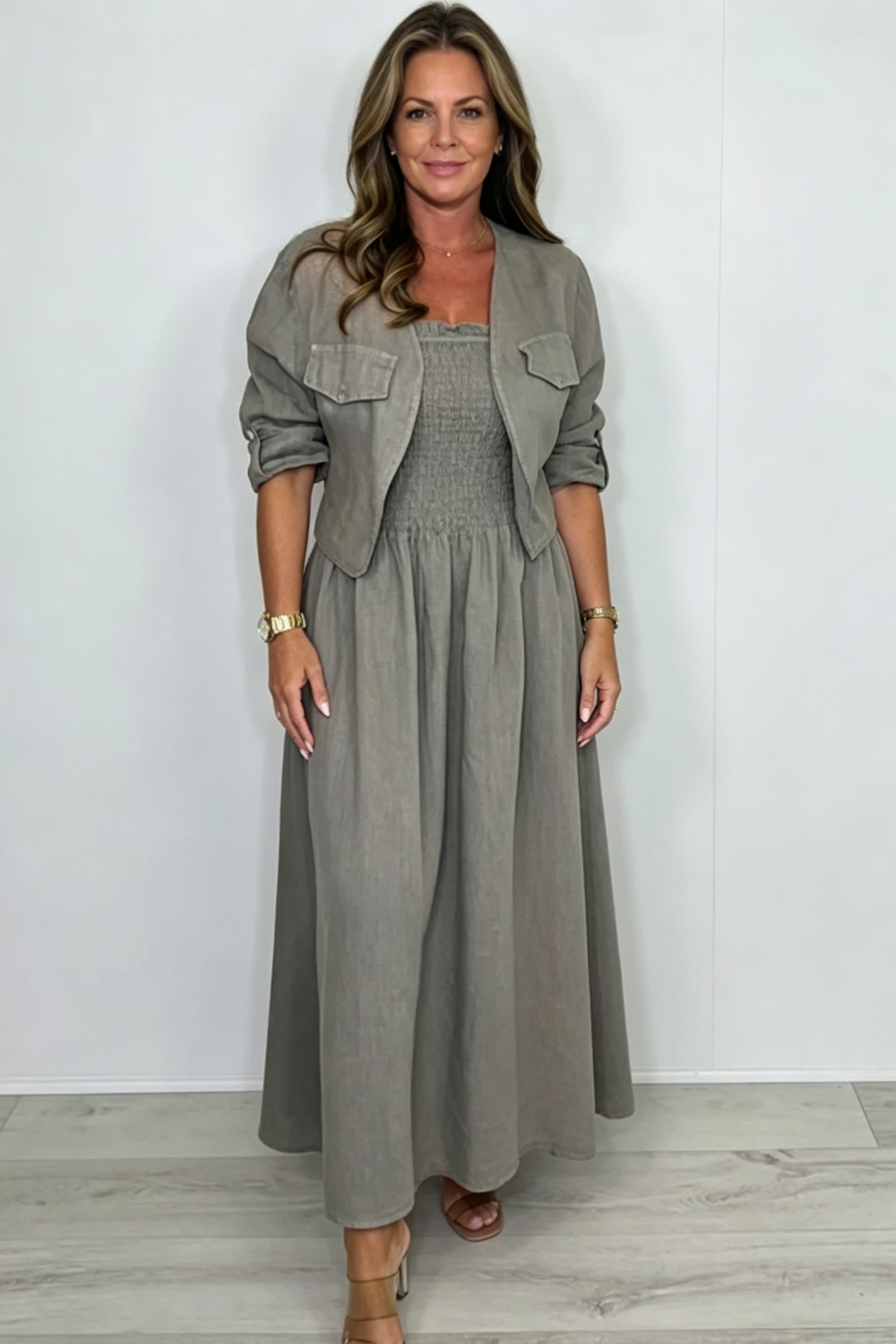 Linen Smocked Dress With Over Jacket