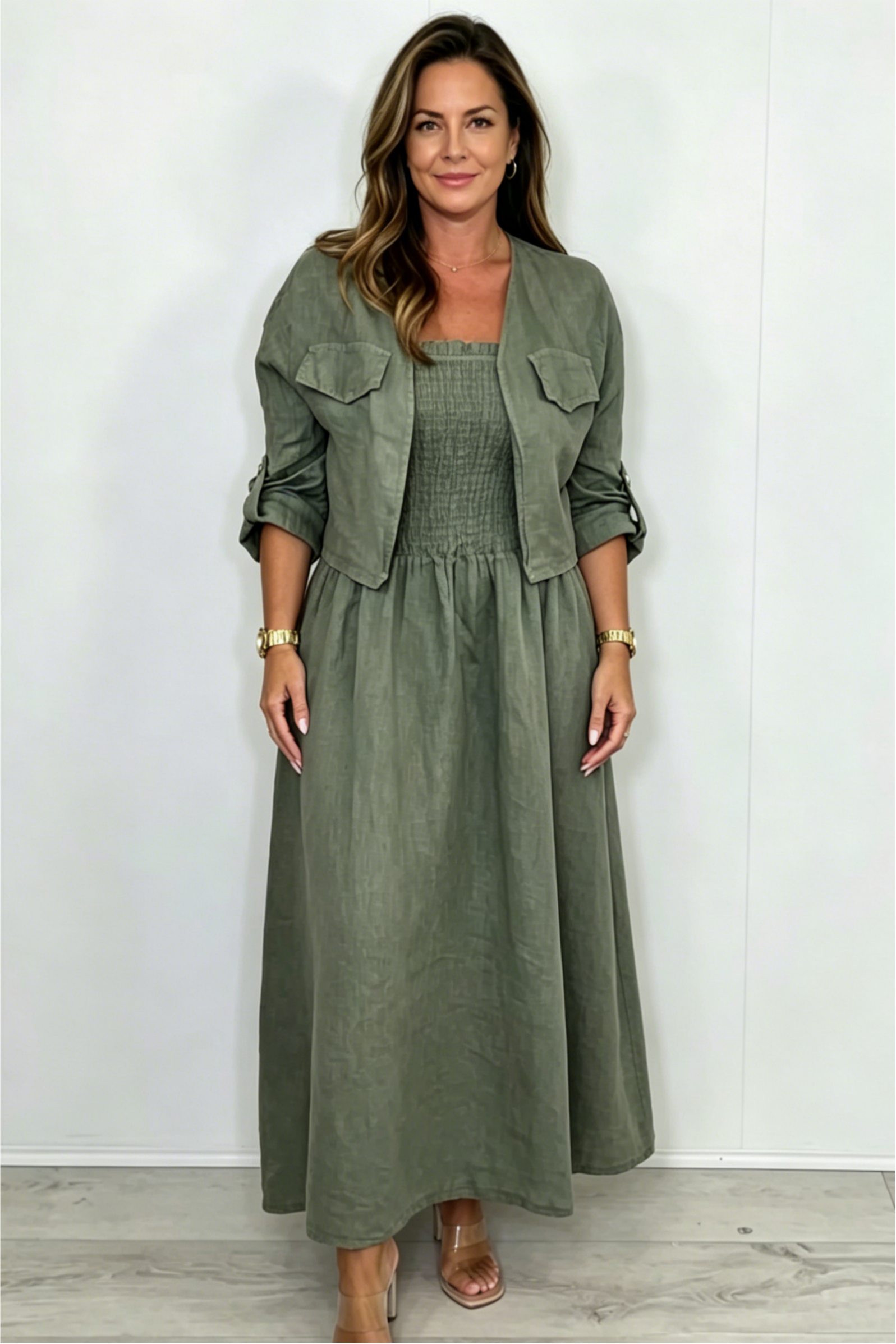 Linen Smocked Dress With Over Jacket