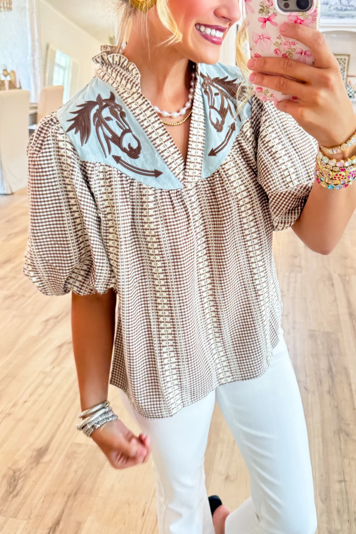Brown Gingham Horse Embroidered Top