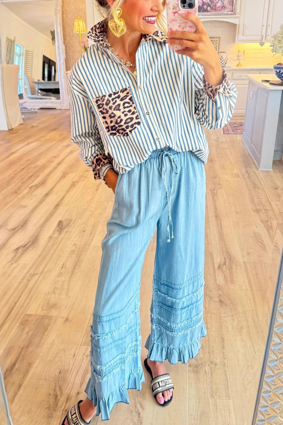 Brown Leopard Print Stripe Long Sleeve Top