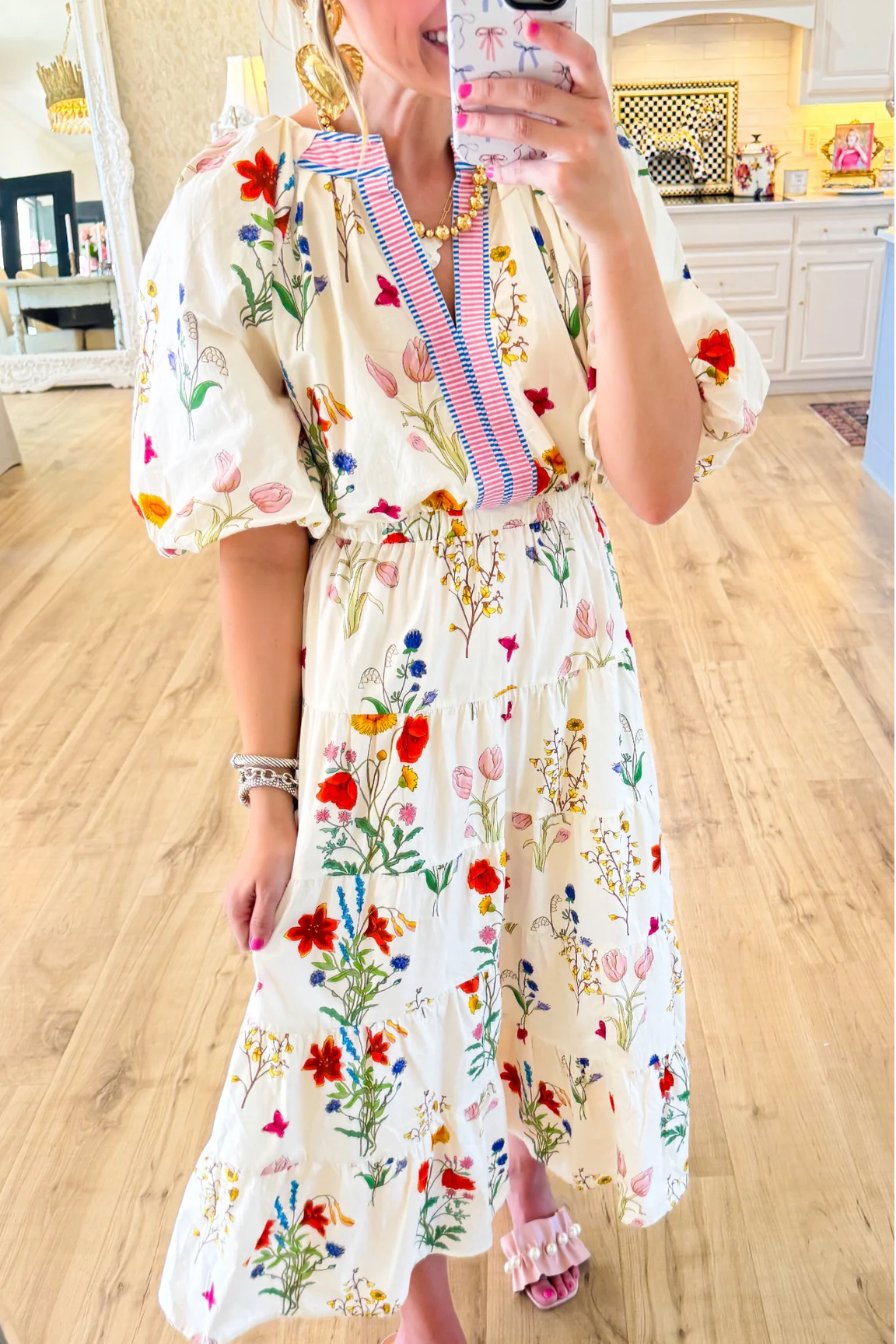 Cream Floral Puff Sleeve Midi Dress