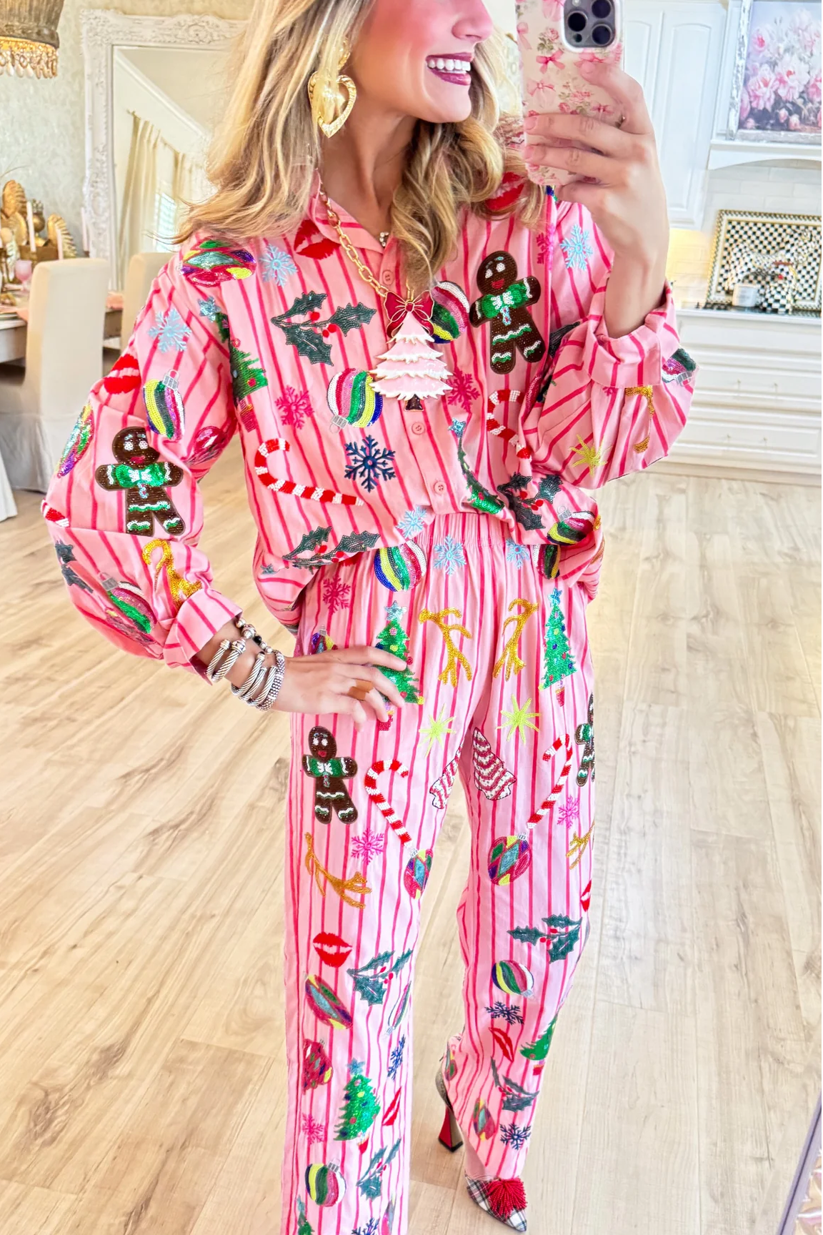 Queen of Sparkle Pink and Red Stripe Christmas Icon Cotton Set