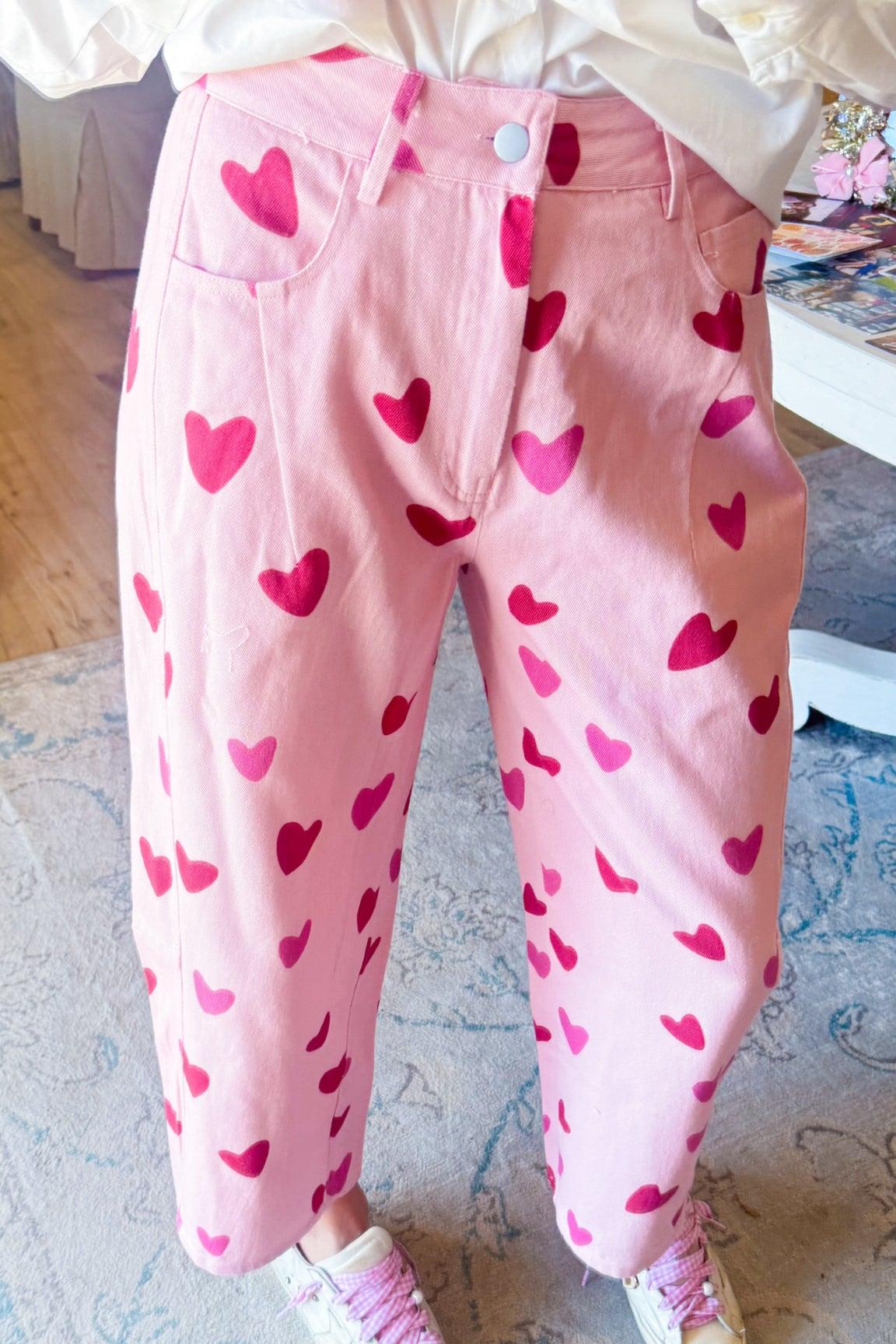 Blush and Red Heart Barrel Jeans