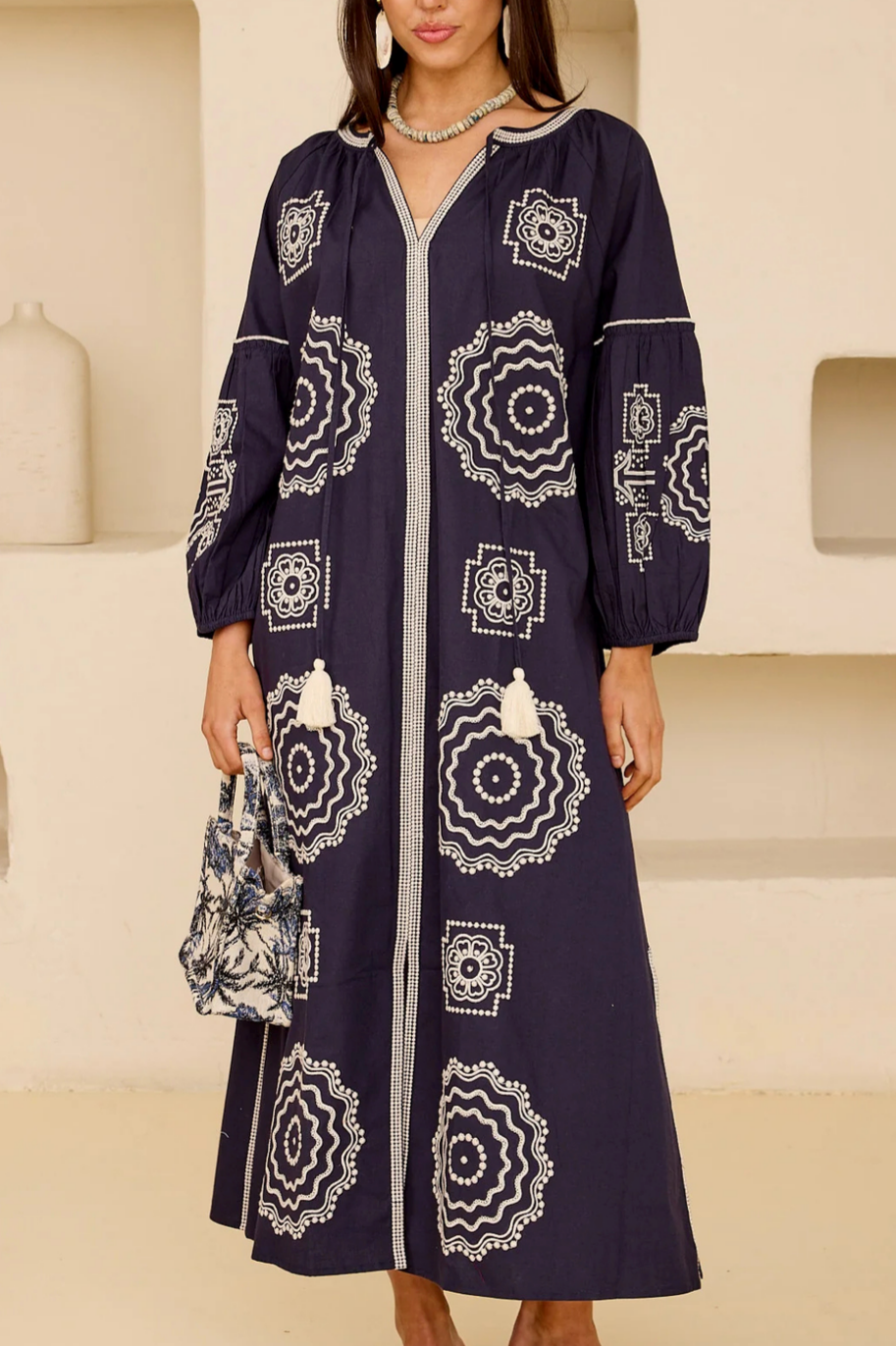 Embroidered Cotton Kaftan Maxi Dress