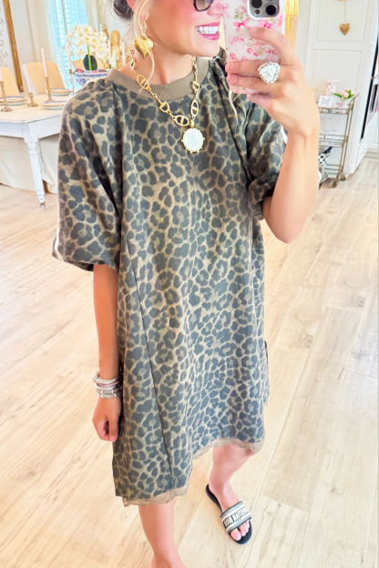 Brown Leopard Puff Sleeve Lace Trim Dress