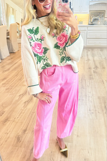 Ivory Rose Embroidered Knit Sweater