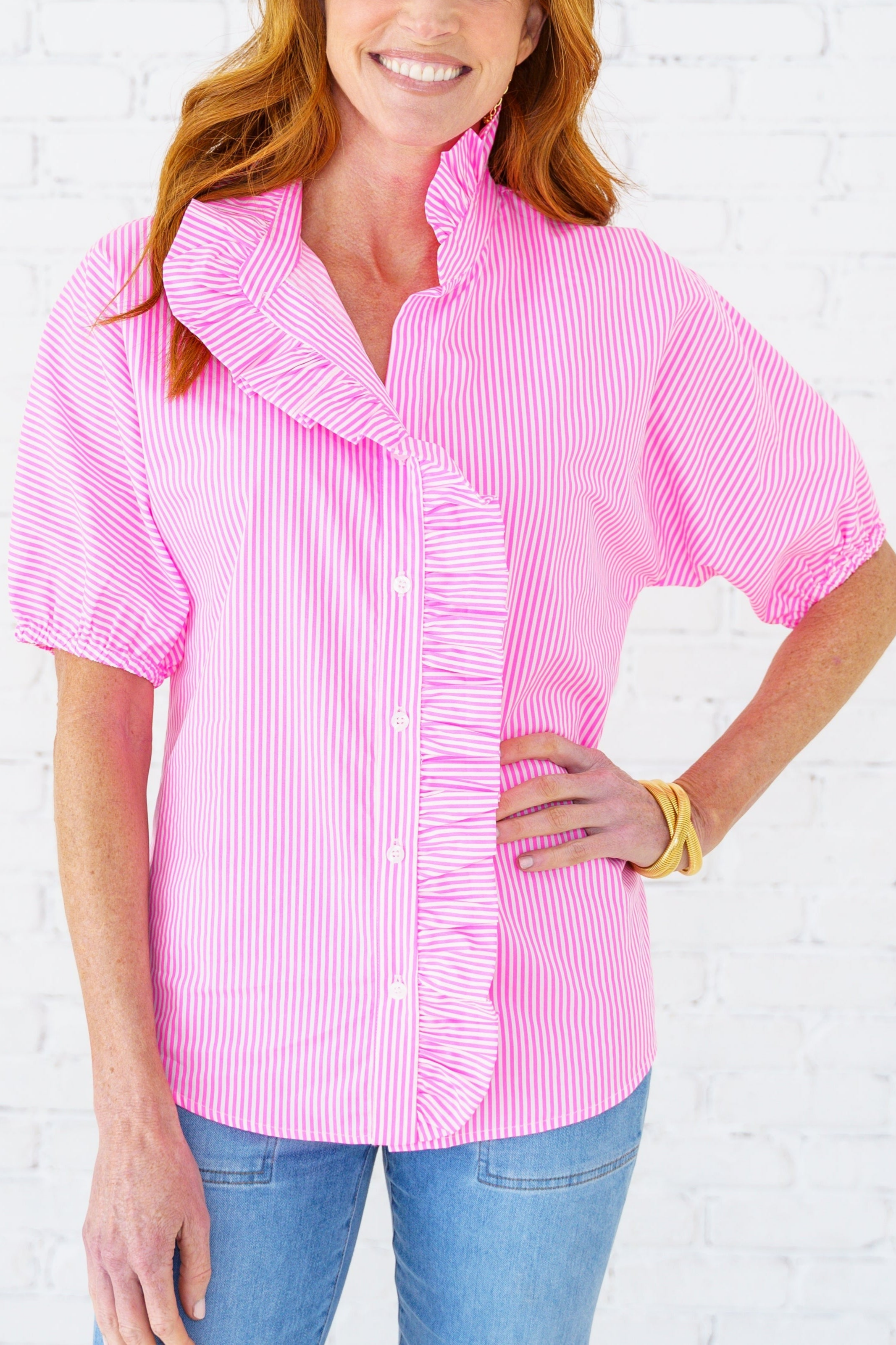 Pink Stripe Ruffle Collar Blouse