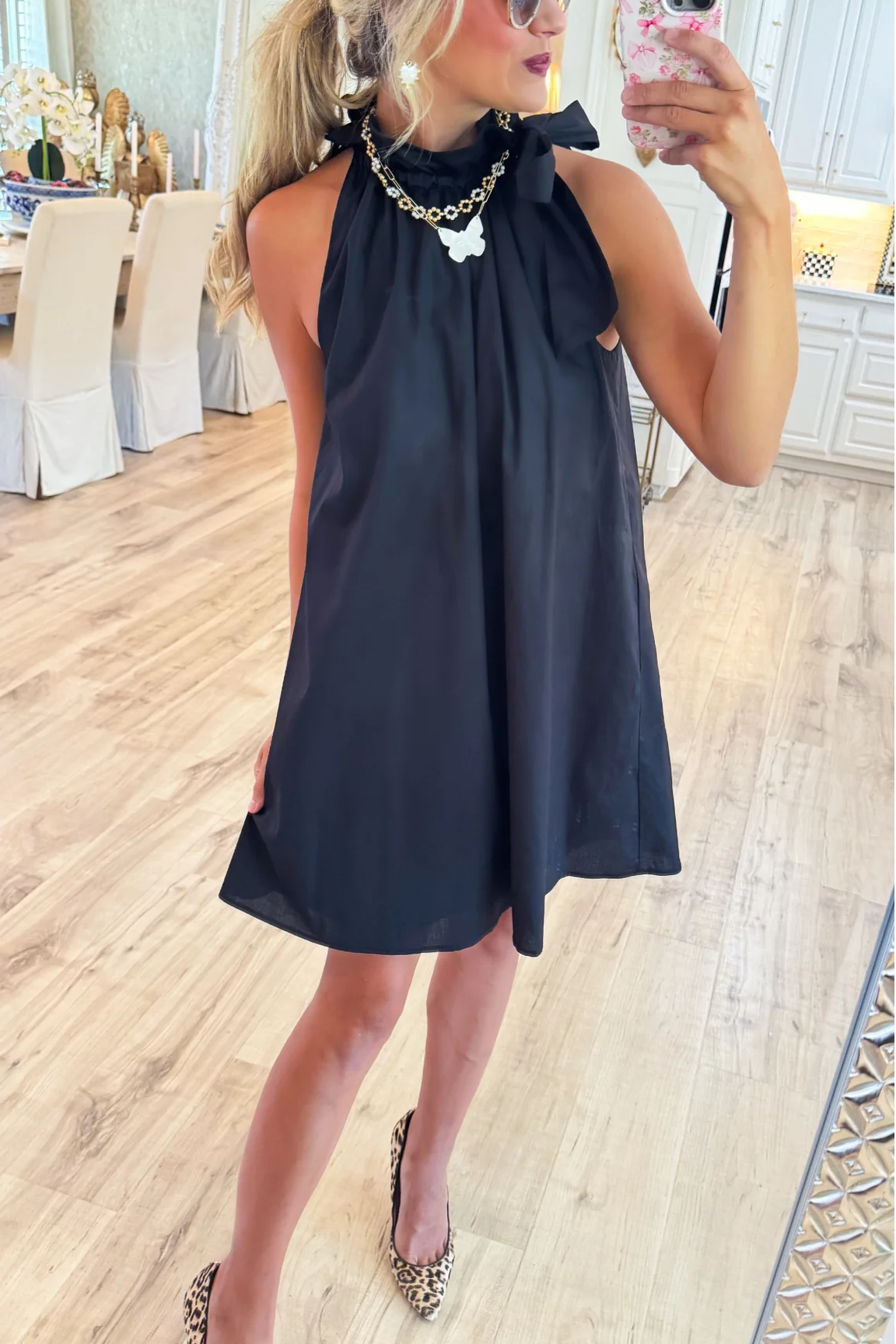 Black Ruffle Neck Bow Dress