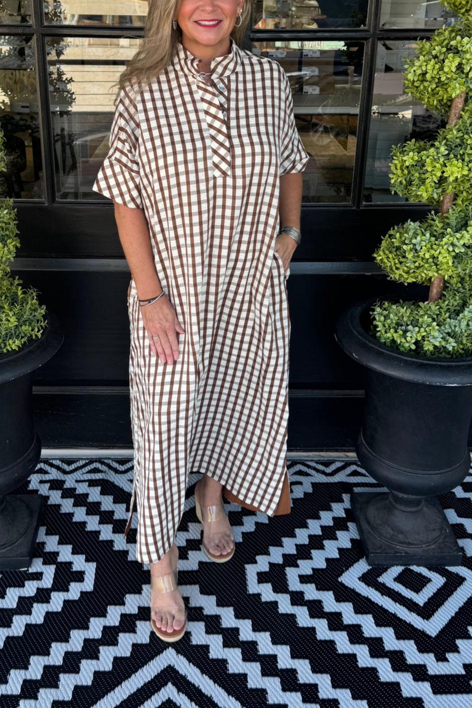 Gingham Stand Collar Side Slit Maxi Dress