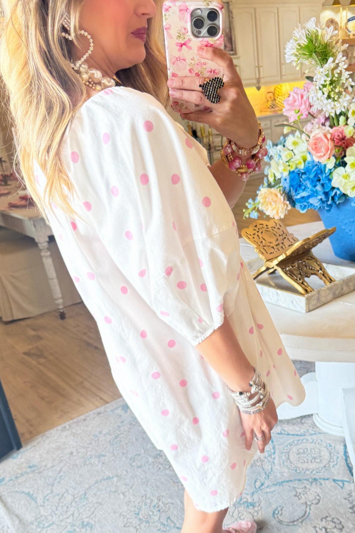 Pink and White Polka Dot Bubble Sleeve Romper