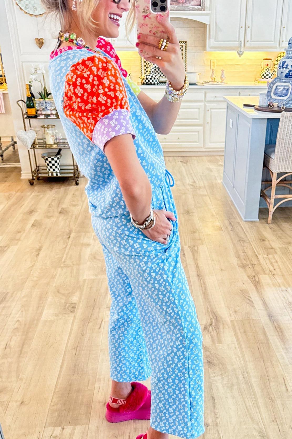 Blue Floral Color Block Pant Set