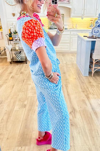 Blue Floral Color Block Pant Set