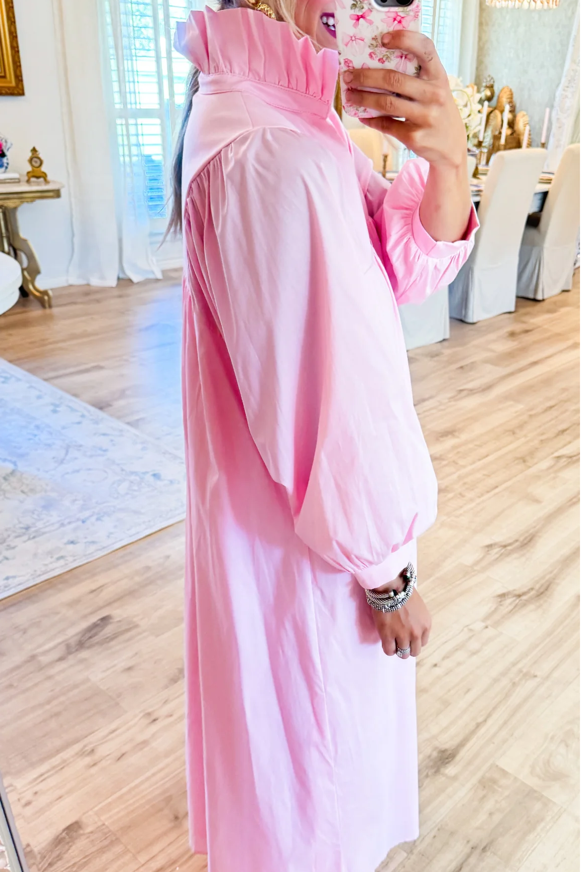 Pink High Ruffle Neck Midi Dress