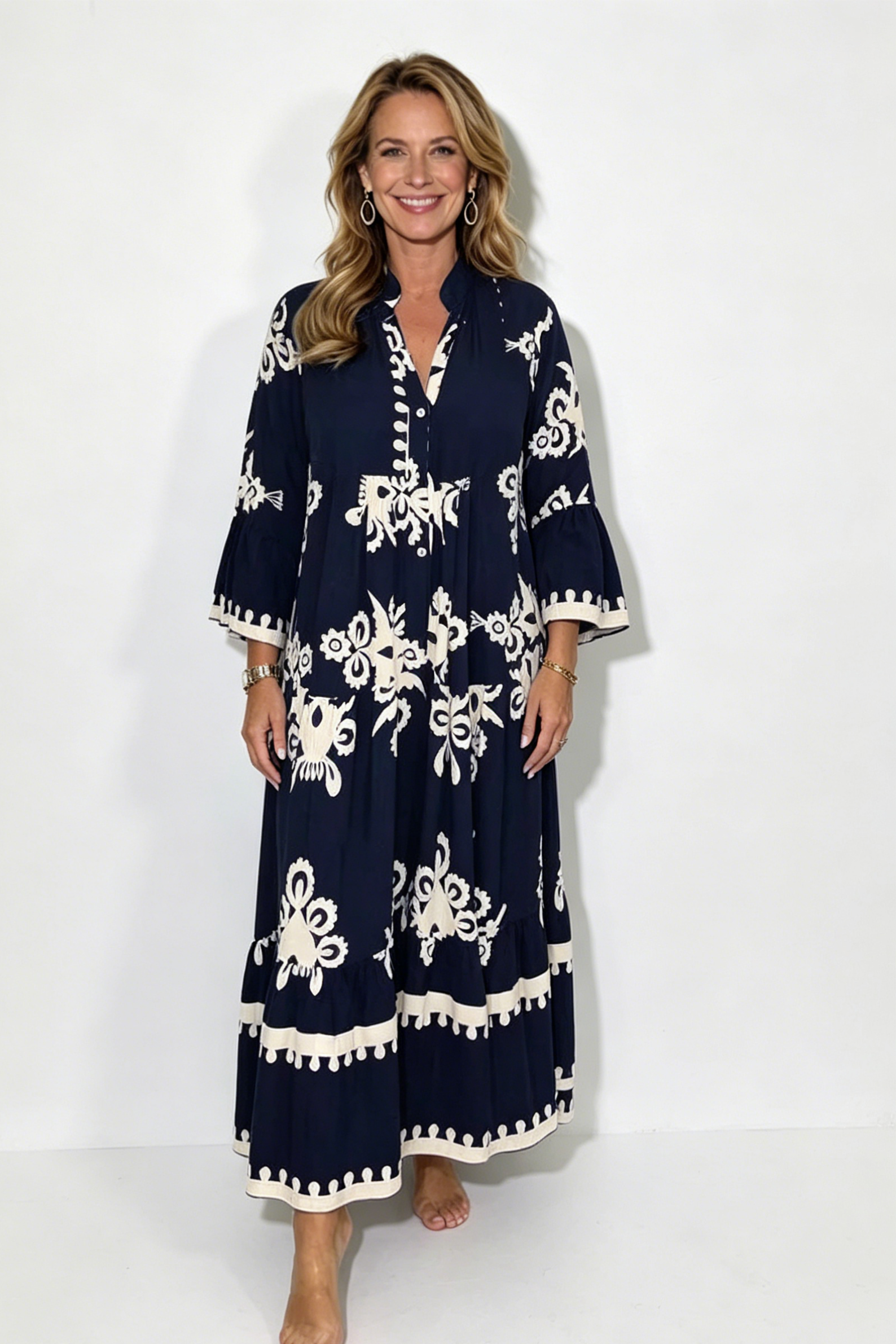 Cream & Black Printed Floaty Maxi Dress