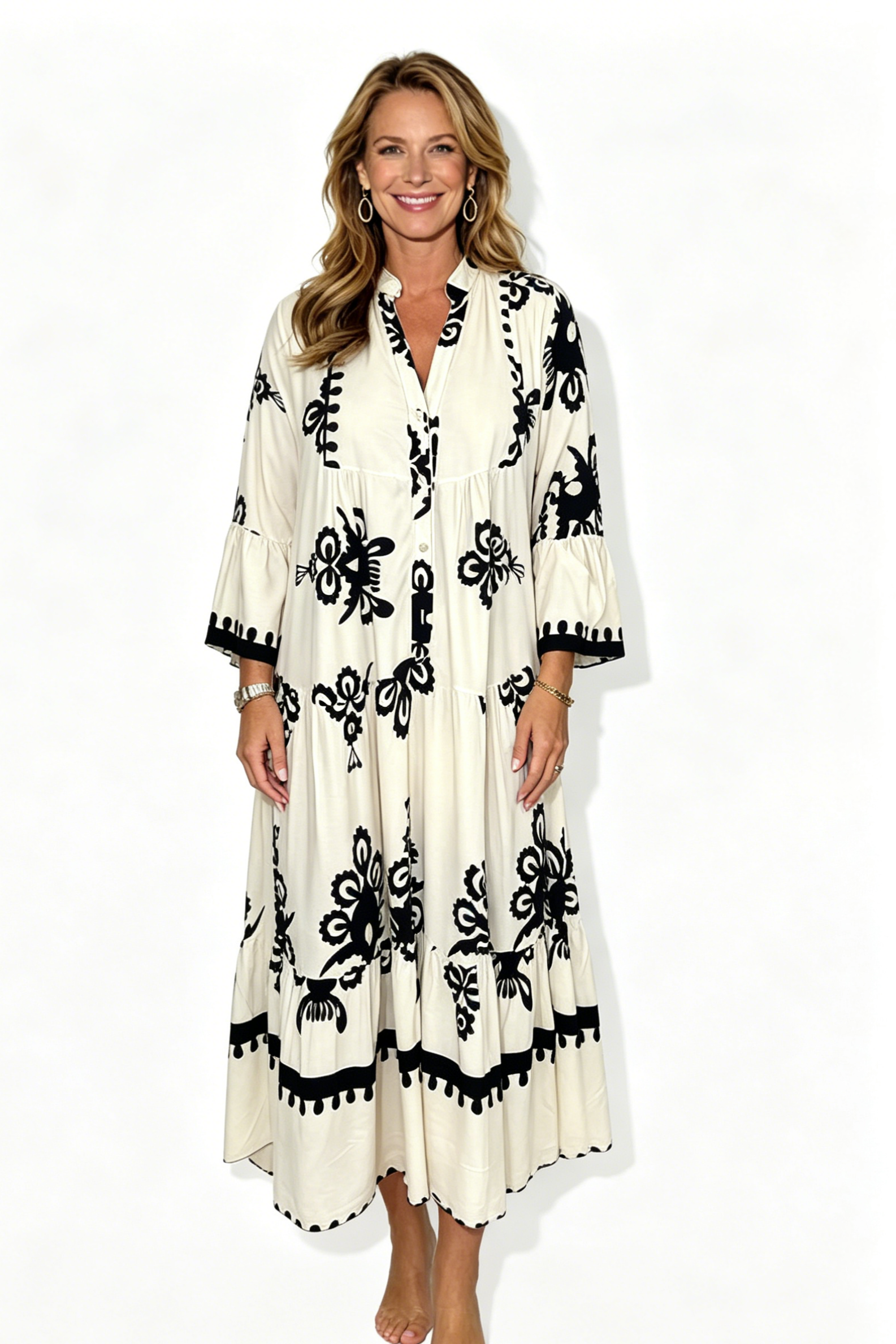Cream & Black Printed Floaty Maxi Dress