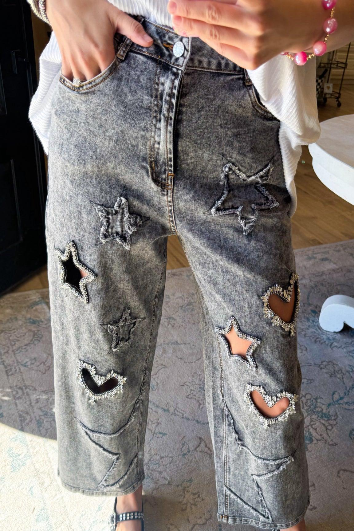 Black Mineral Washed Rhinestone Jeans