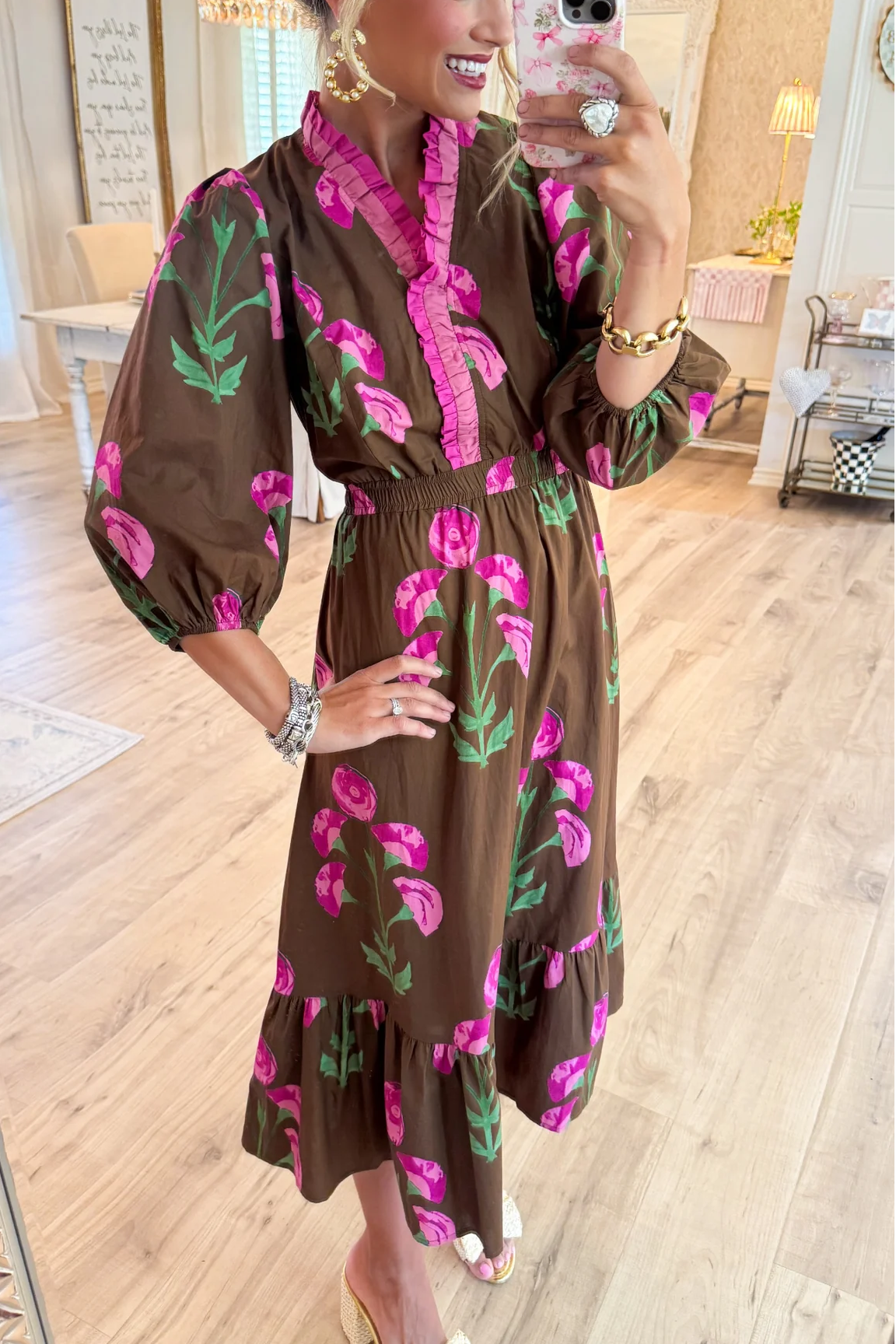 Brown Mix Floral Ruffle Trim Midi Dress