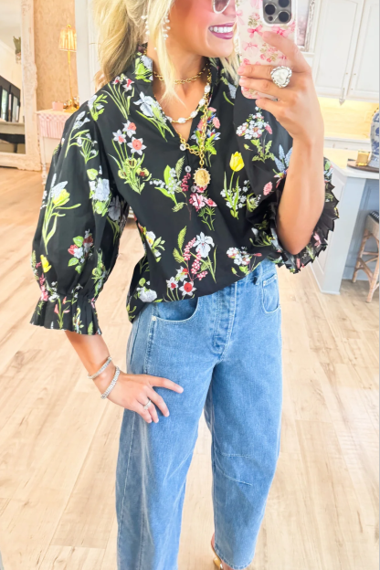 Black Botanical Print Blouse