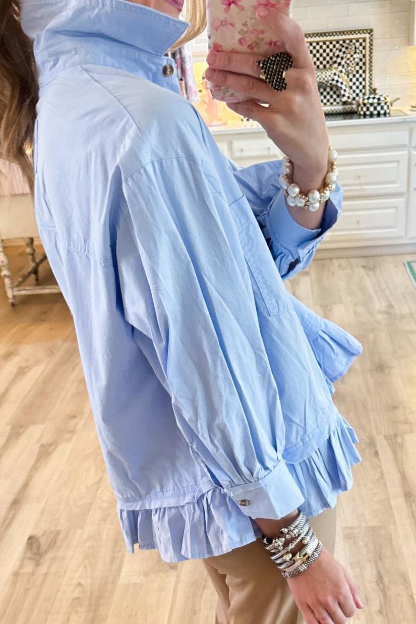 Blue Ruffle Hem Button Down Top