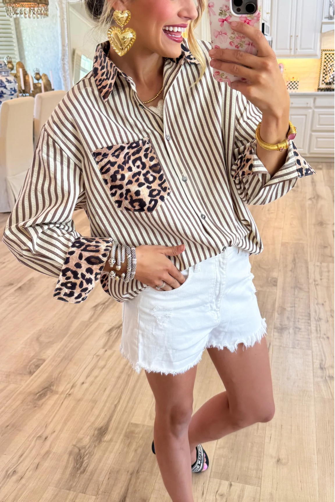 Brown Leopard Print Stripe Long Sleeve Top