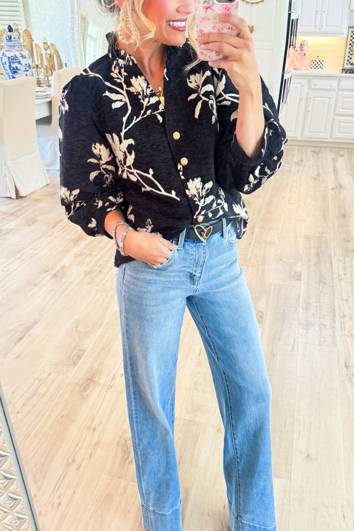 Black Button Down Floral Top