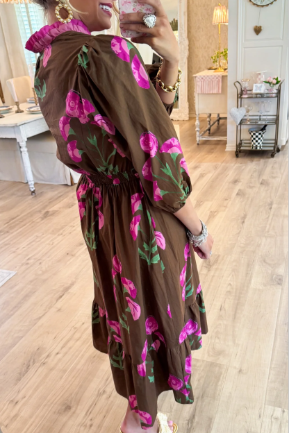 Brown Mix Floral Ruffle Trim Midi Dress